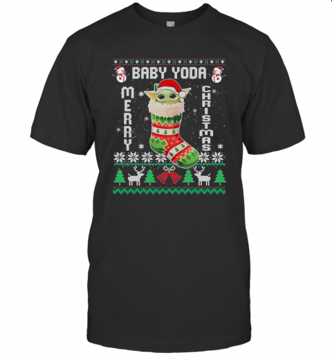 Baby Yoda In The Sock Merry Christmas Ugly T-Shirt
