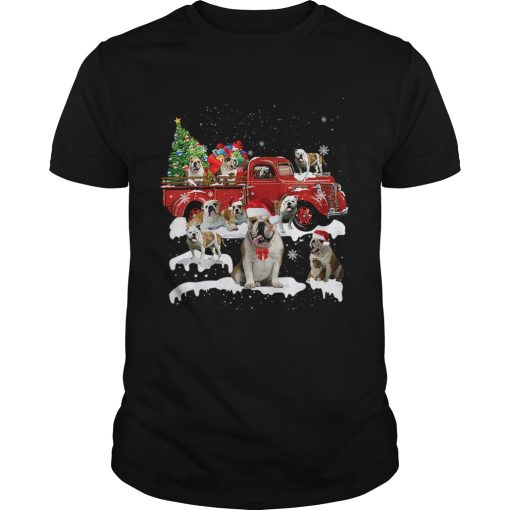 Bulldog Riding Red Truck Xmas Merry Christmas shirt