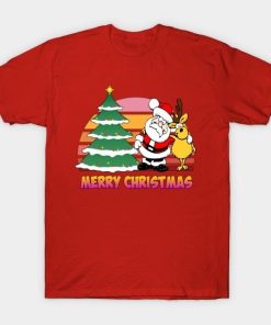 Christmas tree and Santa Claus with reindeer Merry Christmas shirt