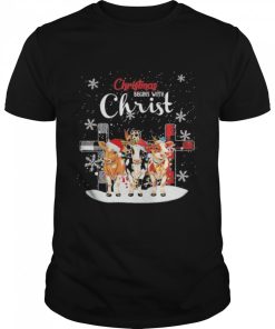 Cow hat santa merry christmas begins with christ shirt