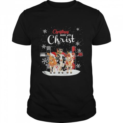 Cow hat santa merry christmas begins with christ shirt