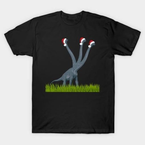 Dinosaur celebrates with Santa hats Christmas shirt