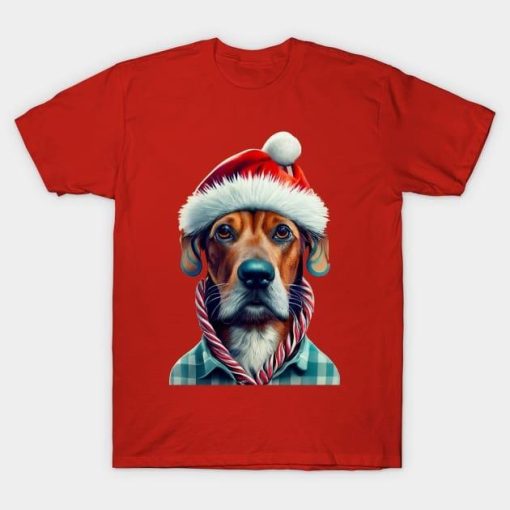 Dog wearing Santa Christmas shirt
