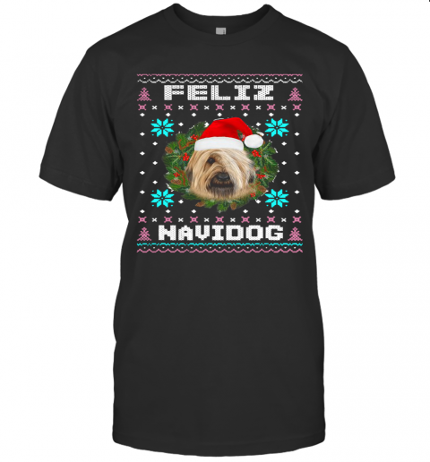 Feliz Navidog Briard Dog Santa Hat Funny Ugly Christmas T-Shirt