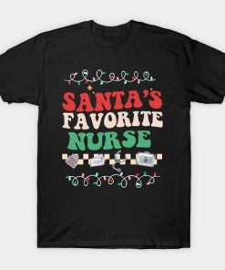 Funny Santa’s Favorite Nurse Groovy Christmas Santa Lover Xmas Costume T-Shirt