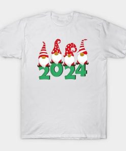 Gnomes are sitting on the numbers of 2024 Christmas shirt