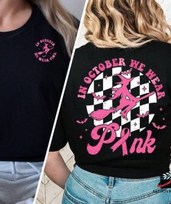 In October We Heart Pink Halloween Breast Cancer Shirts, Halloween Gifts For Her