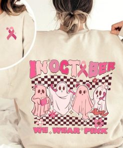 In October We Wear Pink Ghost Sweatshirt, Halloween Gift Ideas For Adults