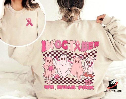 In October We Wear Pink Ghost Sweatshirt, Halloween Gift Ideas For Adults