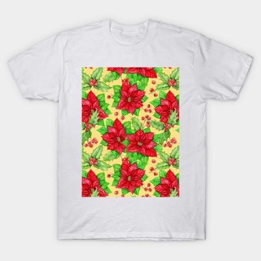 Poinsettia and holly berry watercolor Christmas pattern T-shirt