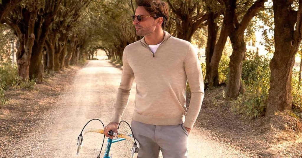 What color shirt with grey pants