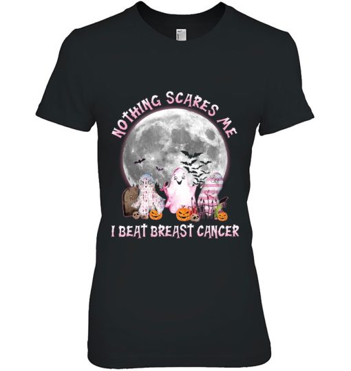 Breast Cancer Awareness Ghosts Nothing Scares Me I Beat Pink Ribbon Pumpkins Moon Bats Shirt