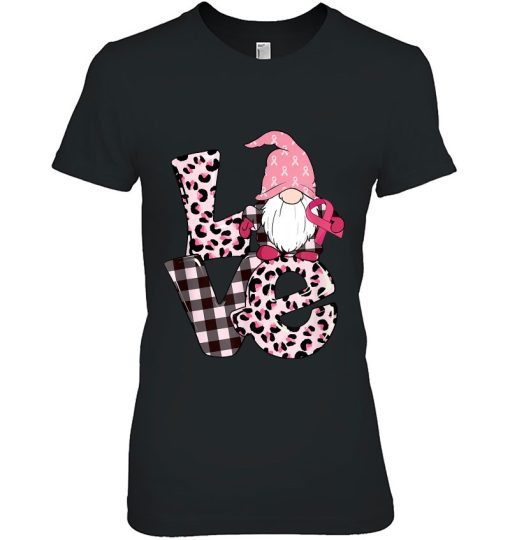 Leopard And Plaid Love Gnome Breast Cancer Awareness Gift Tee