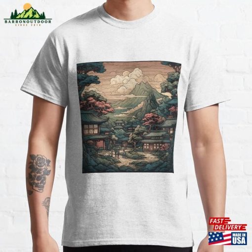 Bold Stylized Vector Image Of Japanese Town With Villagers And Beautiful Scenery Classic T-Shirt