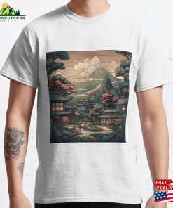 Bold Stylized Vector Image Of Japanese Town With Villagers And Beautiful Scenery Classic T-Shirt Bold Stylized Vector Image Of Japanese Town With Villagers And Beautiful Scenery Classic T-Shirt