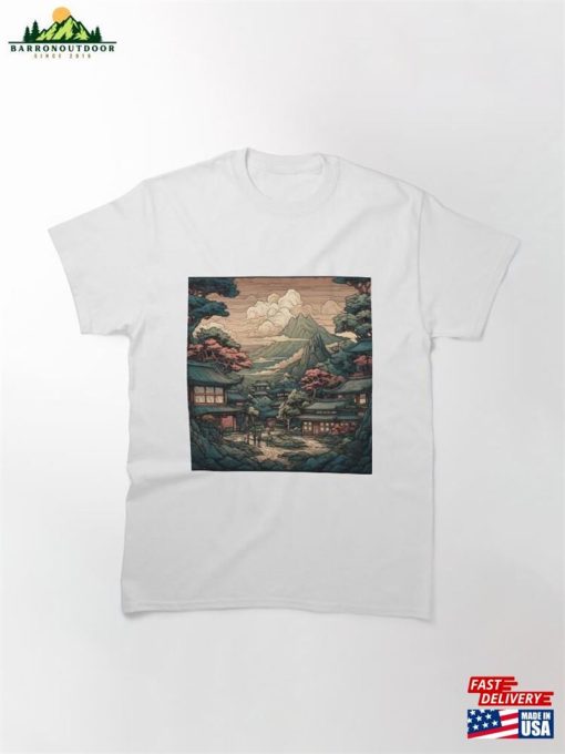 Bold Stylized Vector Image Of Japanese Town With Villagers And Beautiful Scenery Classic T-Shirt