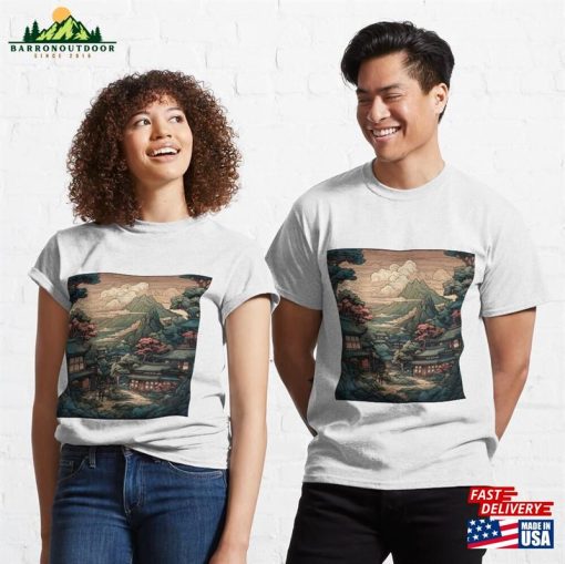 Bold Stylized Vector Image Of Japanese Town With Villagers And Beautiful Scenery Classic T-Shirt