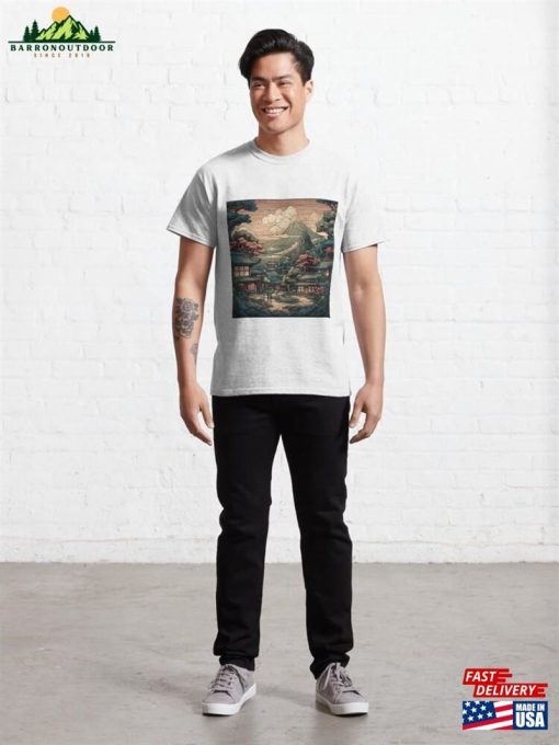 Bold Stylized Vector Image Of Japanese Town With Villagers And Beautiful Scenery Classic T-Shirt