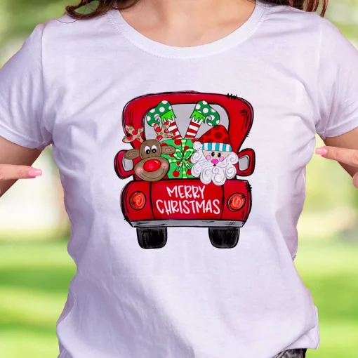 Merry Christmas Red Trees Truck Funny Christmas T Shirt
