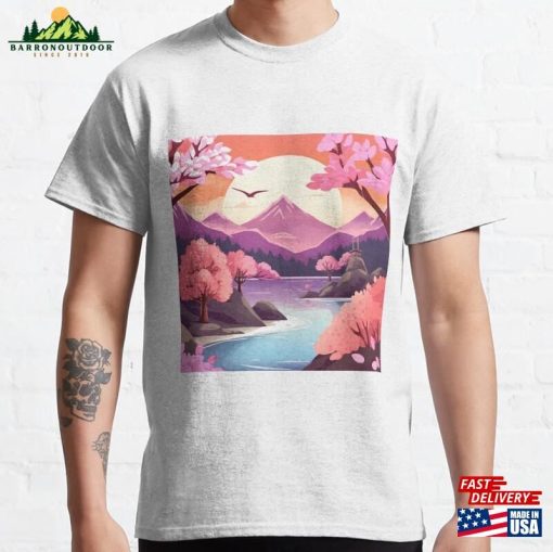 Pink Japanese Landscape Serenity And Floral Elegance Classic T-Shirt Sweatshirt