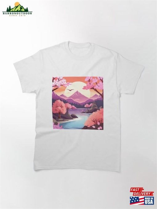 Pink Japanese Landscape Serenity And Floral Elegance Classic T-Shirt Sweatshirt