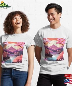 Pink Japanese Landscape Serenity And Floral Elegance Classic T-Shirt Sweatshirt 2 Pink Japanese Landscape Serenity And Floral Elegance Classic T Shirt Sweatshirt 3