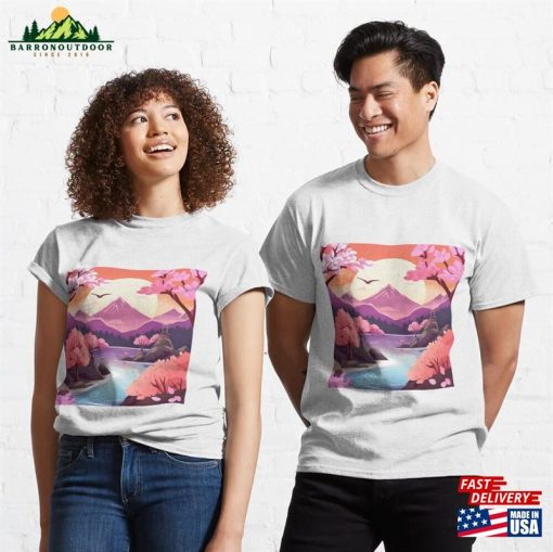 Pink Japanese Landscape Serenity And Floral Elegance Classic T-Shirt Sweatshirt