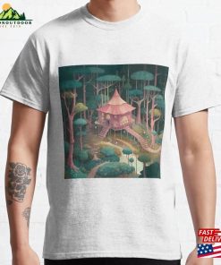 Red Cabin In The Magical Forest Classic T-Shirt Unisex
