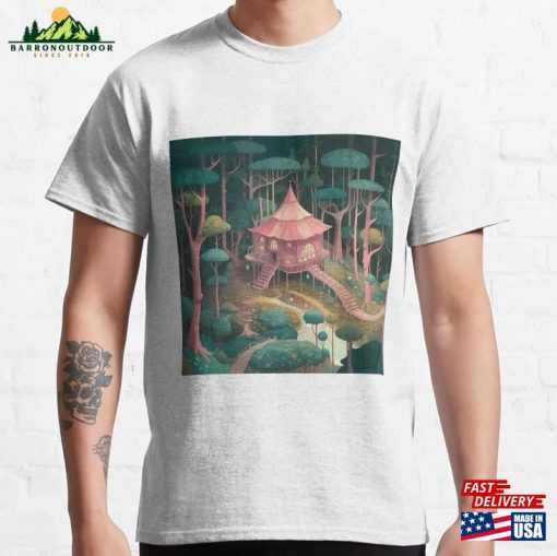 Red Cabin In The Magical Forest Classic T-Shirt Unisex