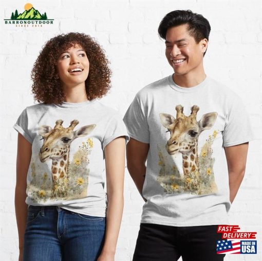 Safari Animal Nursery Art Watercolor Giraffe With Flowers Classic T-Shirt Sweatshirt