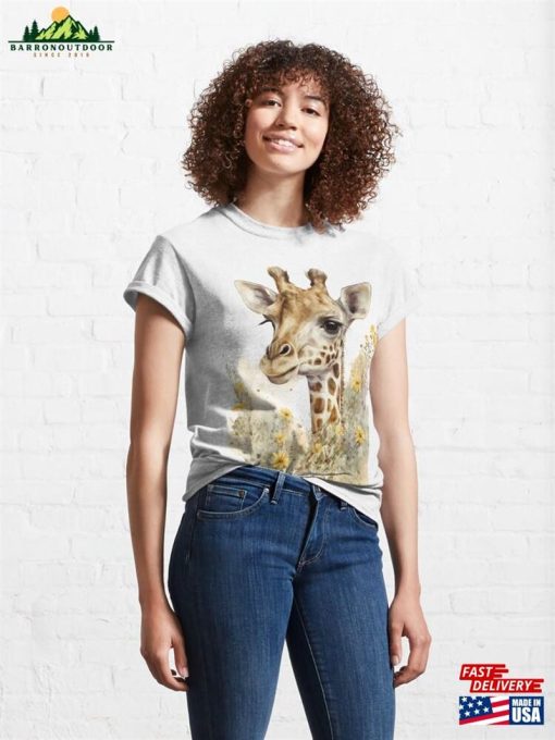 Safari Animal Nursery Art Watercolor Giraffe With Flowers Classic T-Shirt Sweatshirt