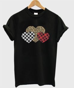 Three Hearts Leopard Buffalo Plaids Valentine’s Day T-shirt