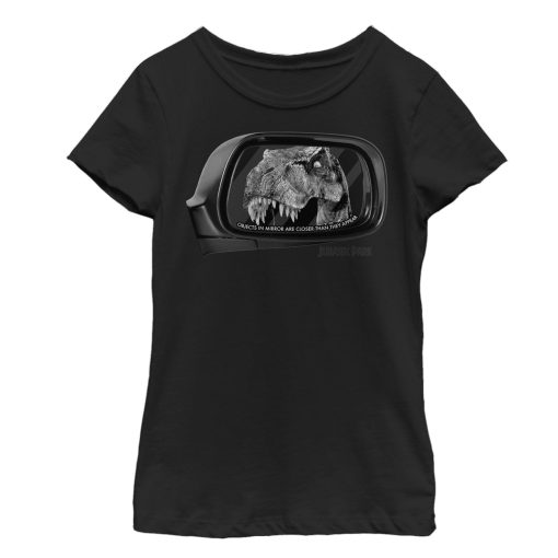 Girl’s Jurassic Park T. Rex In Rearview Mirror, Objects Are Closer T-Shirt