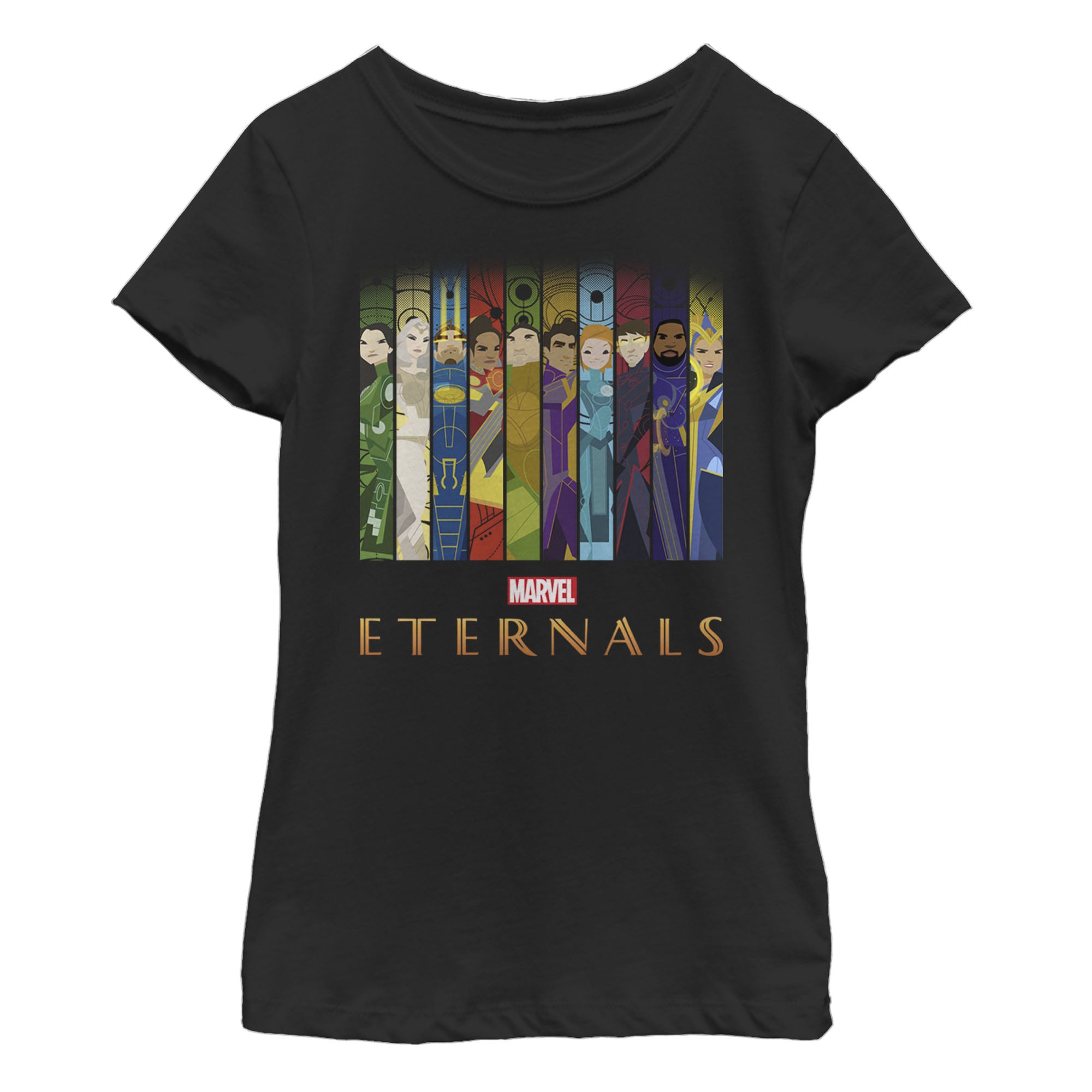 Girl's Marvel Eternals Animated Vertical Boxes Poster T-Shirt Girl's Marvel Eternals Animated Vertical Boxes Poster T-Shirt