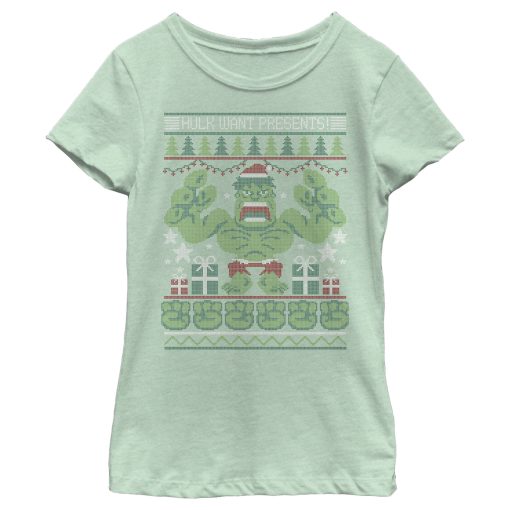 Girl’s Marvel Ugly Christmas Hulk Want Presents T-Shirt