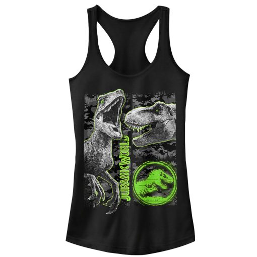 Junior’s Jurassic World Fallen Kingdom Camo Print Dinosaurs Racerback Tank Top