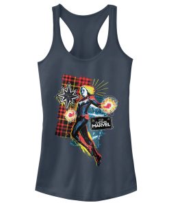 Junior’s Marvel Captain Marvel Flannel Patch Print Racerback Tank Top