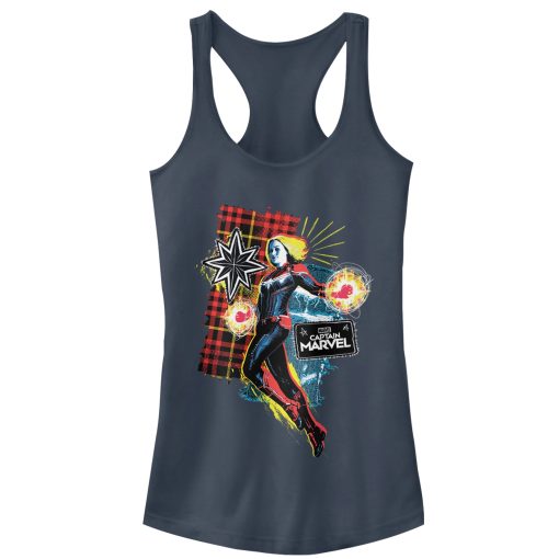 Junior’s Marvel Captain Marvel Flannel Patch Print Racerback Tank Top