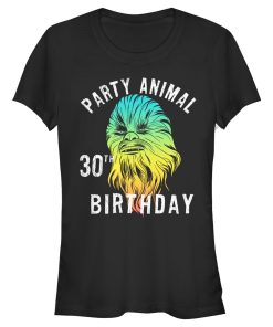 Junior’s Star Wars Chewie Party Animal 30th Birthday Color Portrait T-Shirt