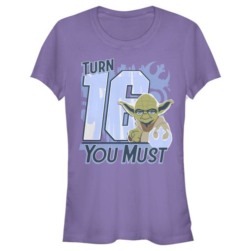 Junior’s Star Wars Yoda Turn 16 You Must Rebel Logo Portrait T-Shirt