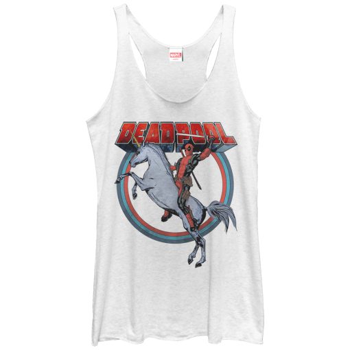 Women_s Marvel Deadpool Rides Unicorn Racerback Tank Top