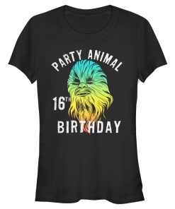 Junior’s Star Wars Chewie Party Animal 16th Birthday Color Portrait T-Shirt