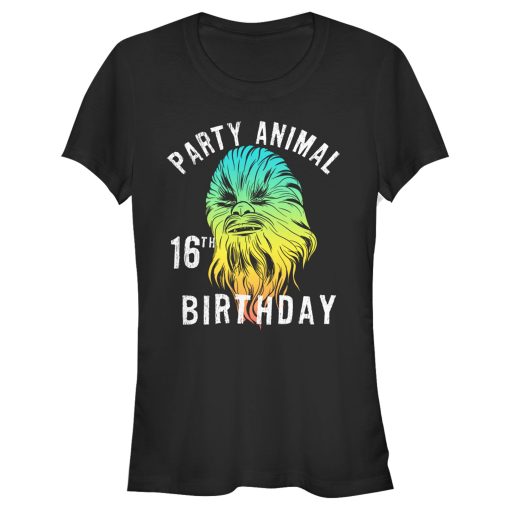 Junior’s Star Wars Chewie Party Animal 16th Birthday Color Portrait T-Shirt