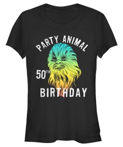 Junior’s Star Wars Chewie Party Animal 50th Birthday Color Portrait T-Shirt