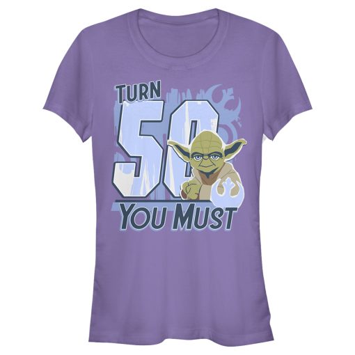 Junior’s Star Wars Yoda Turn 50 You Must Rebel Logo Portrait T-Shirt