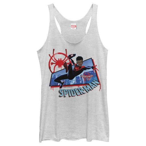 Women’s Marvel Spider-Man Spiderverse Miles Kick Above City Racerback Tank Top