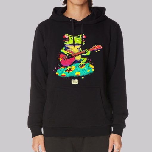 Frog Playing Cute Ukulele on Mushroom Hoodie