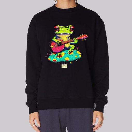 Frog Playing Cute Ukulele on Mushroom Hoodie