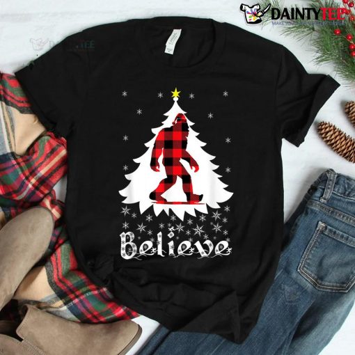 Bigfoot Santa Christmas Funny Quote Believe Red Plaid Shirt