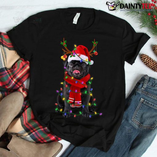 Black Pug Dog Tree Christmas Lights Xmas Pajama Shirt